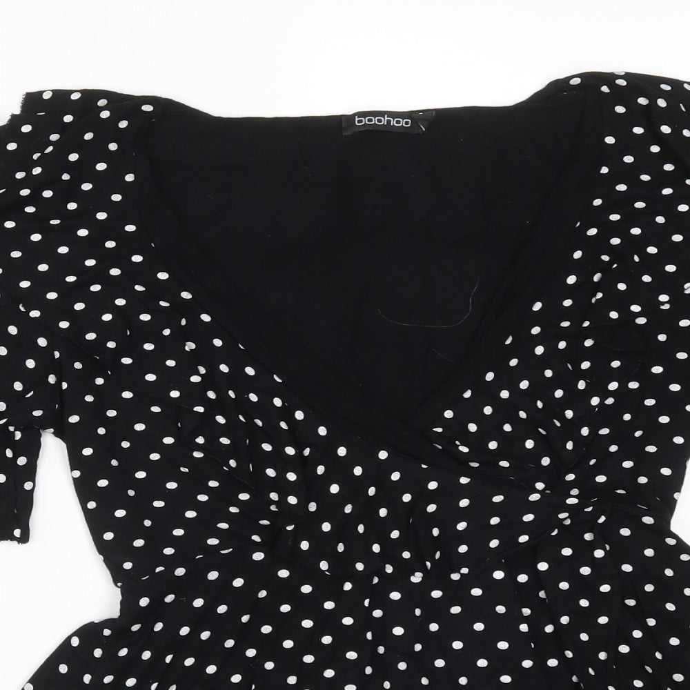 Boohoo Womens Black Polka Dot Viscose Basic T-Shirt Size 10 V-Neck