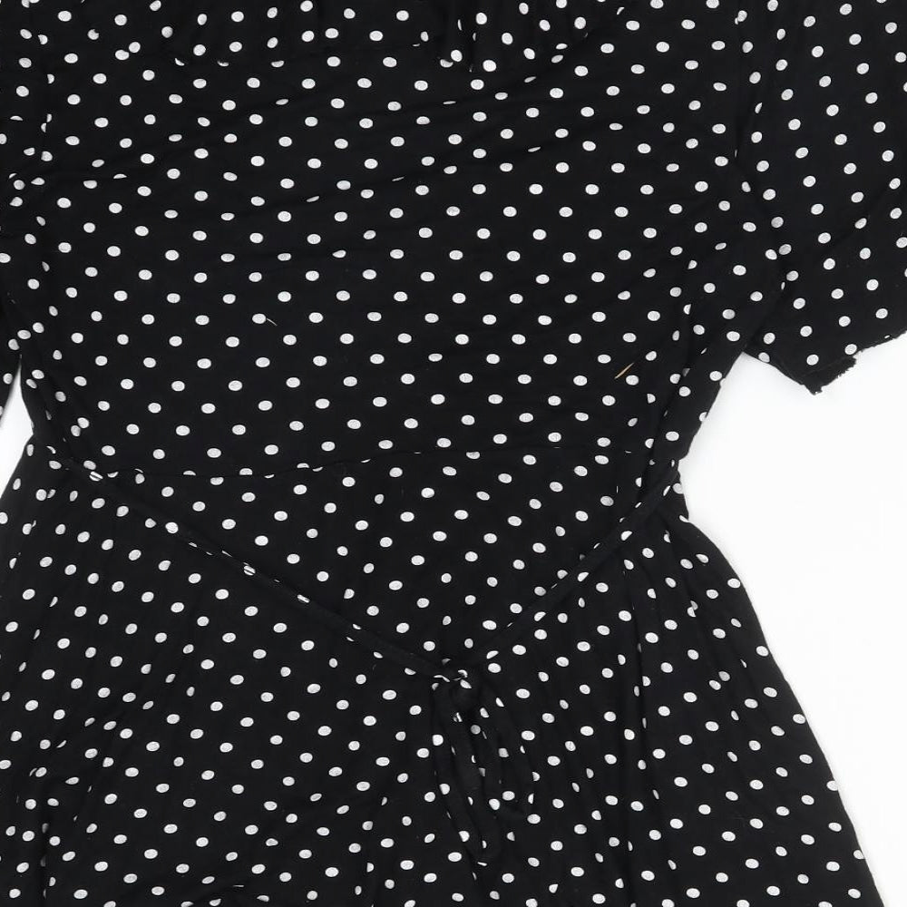 Boohoo Womens Black Polka Dot Viscose Basic T-Shirt Size 10 V-Neck