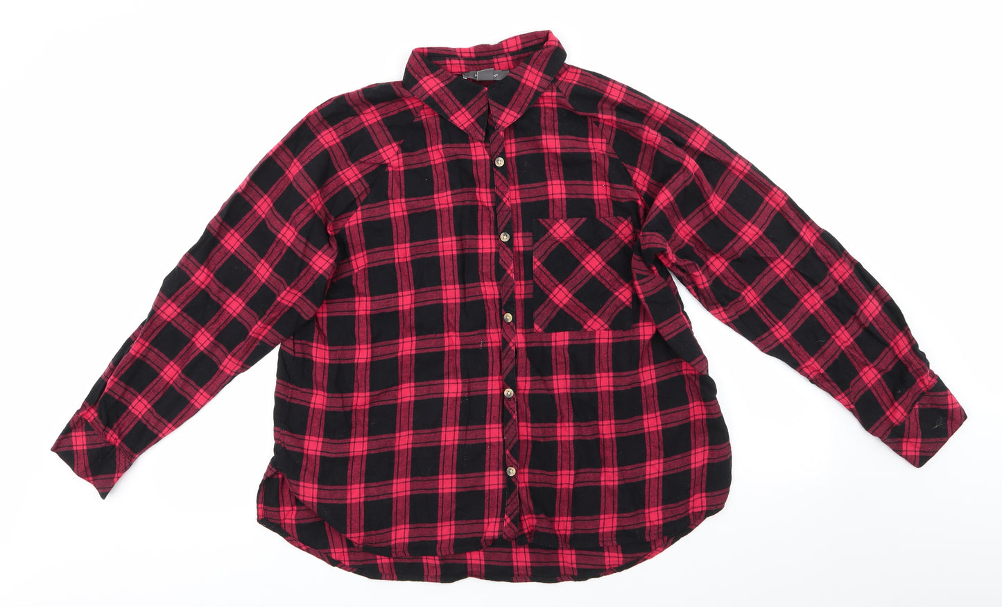Primark Womens Red Check Cotton Basic Button-Up Size 16 Collared - Black & Red Check
