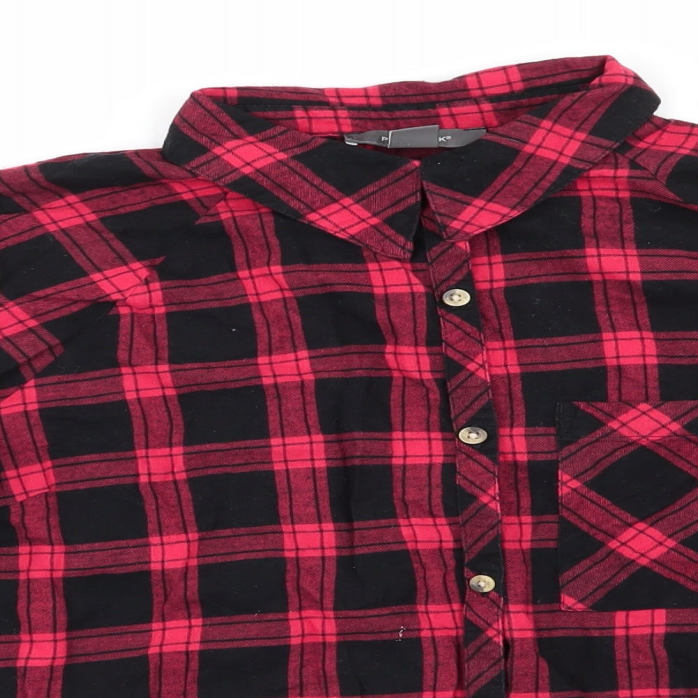 Primark Womens Red Check Cotton Basic Button-Up Size 16 Collared - Black & Red Check