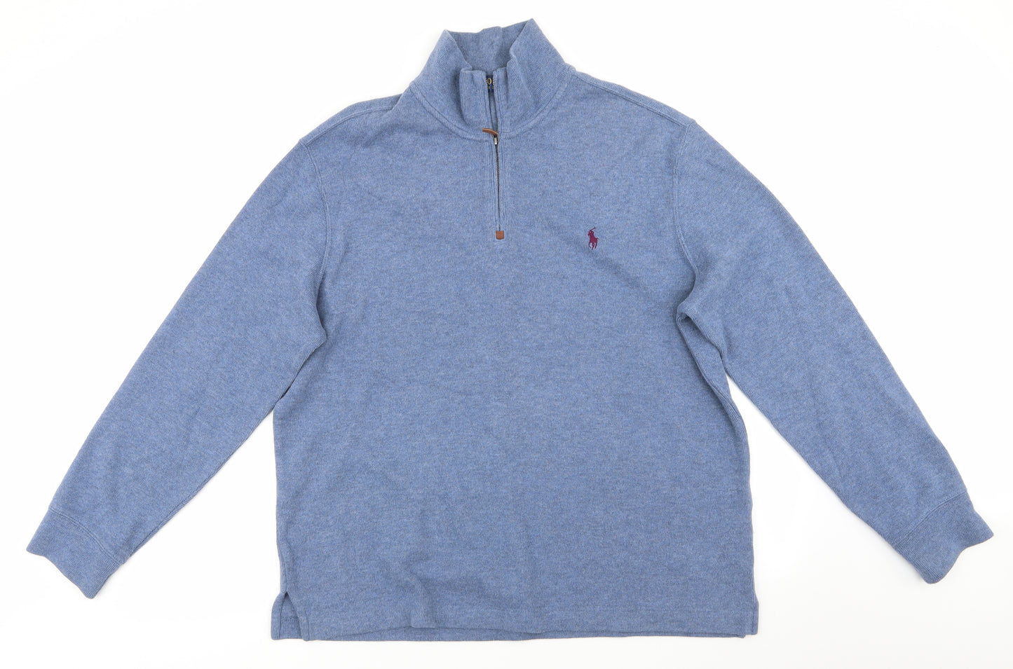 Polo Ralph Lauren Mens Blue High Neck  Cotton Henley Jumper Size L   - Blue Grey mix