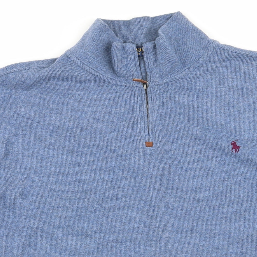Polo Ralph Lauren Mens Blue High Neck  Cotton Henley Jumper Size L   - Blue Grey mix
