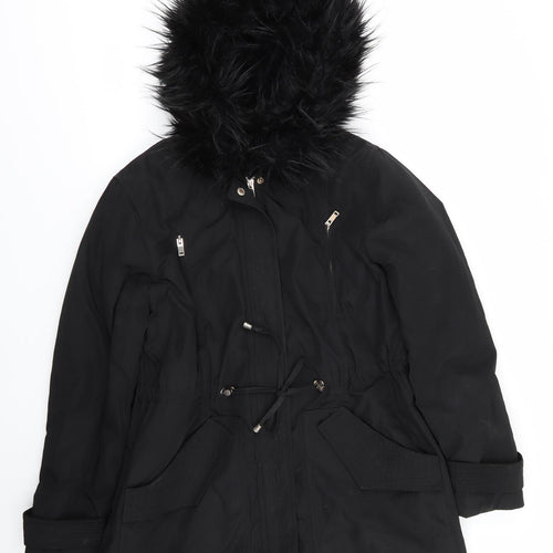 Papaya Womens Black   Parka Coat Size 14   - Fleece lined & faux fur trimmed hood Zip hemline vent