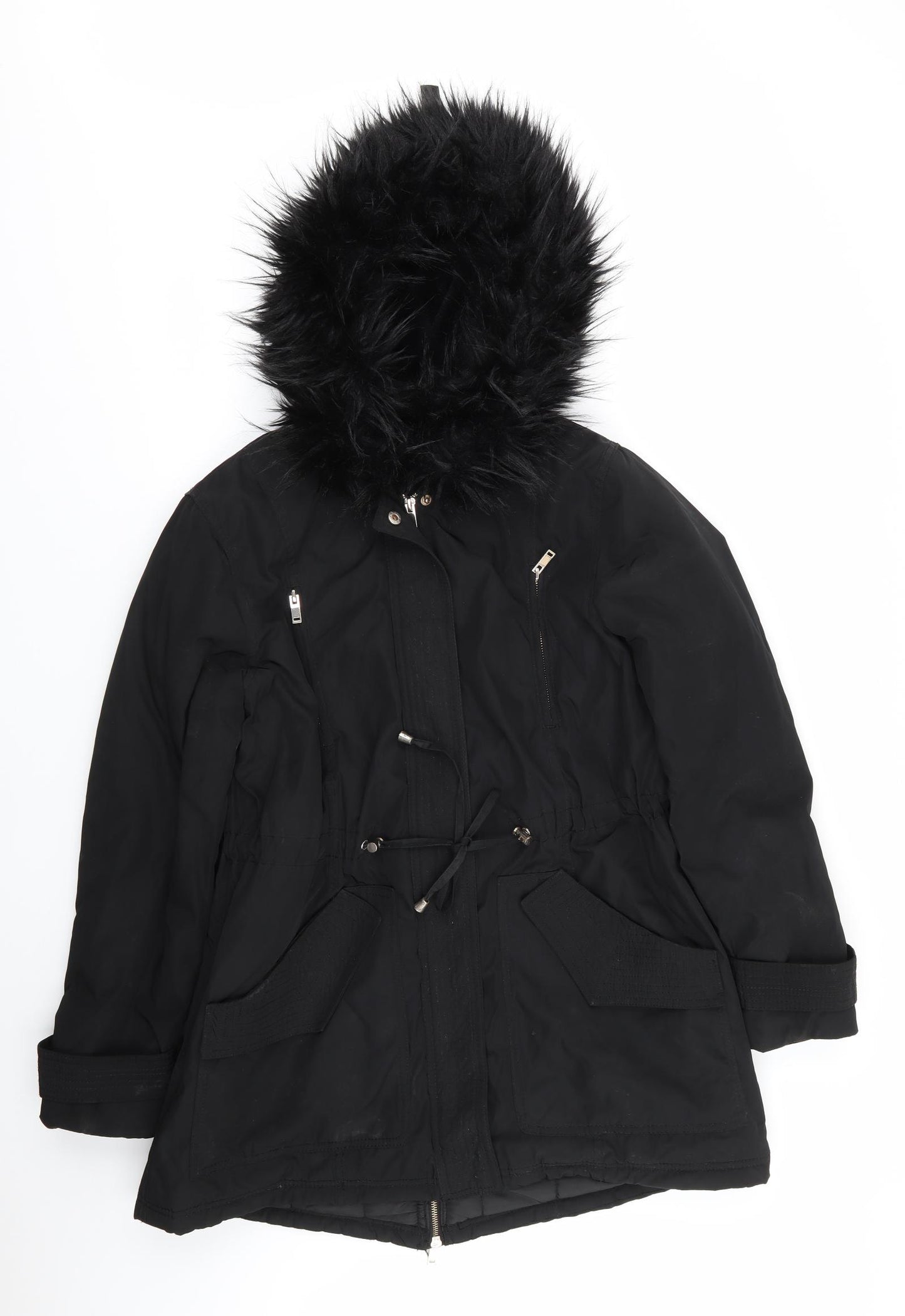 Papaya Womens Black   Parka Coat Size 14   - Fleece lined & faux fur trimmed hood Zip hemline vent