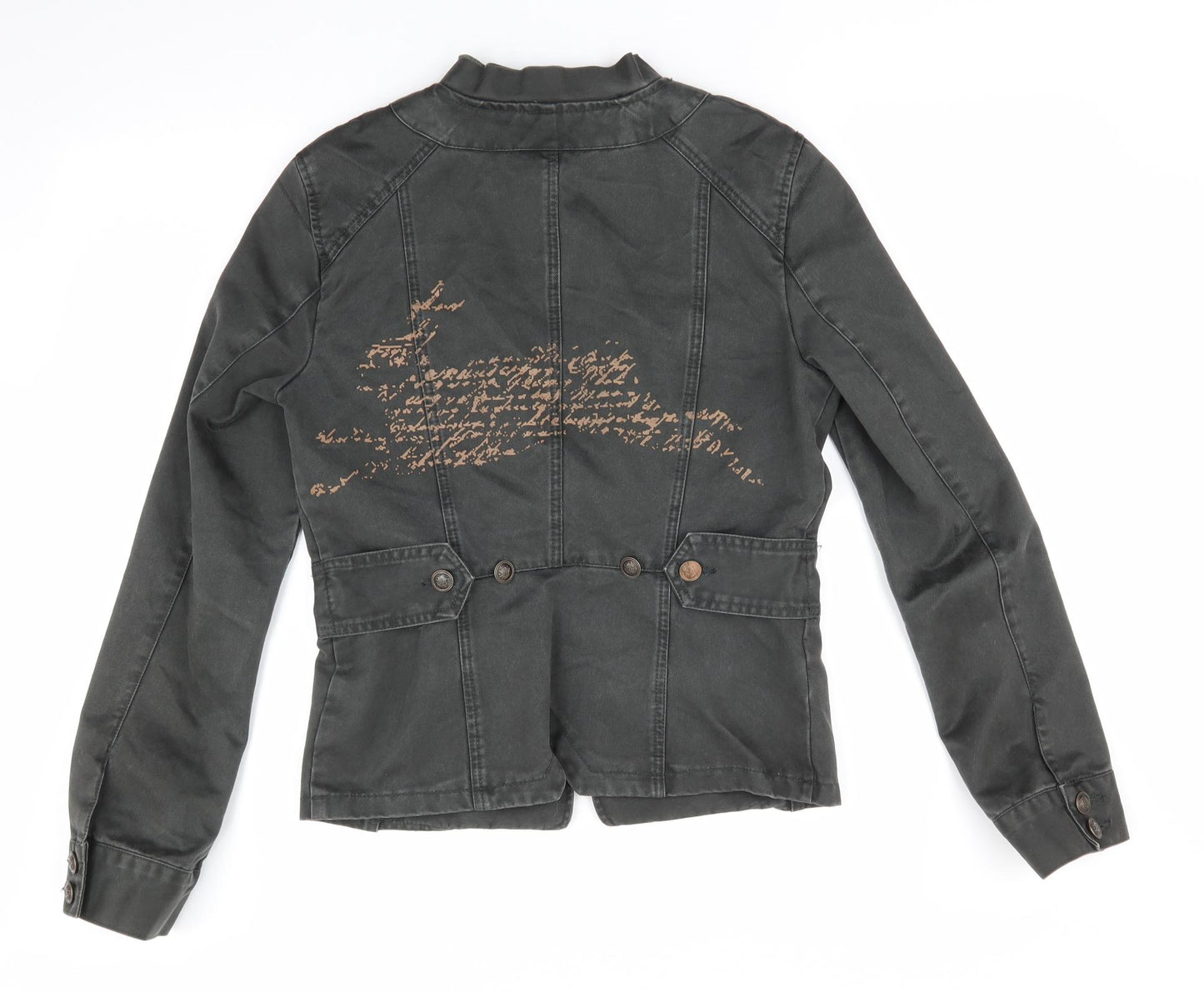 Villa Womens Green   Military Jacket Jacket Size S   - Abstract text like graphic front & back Stand up Collar