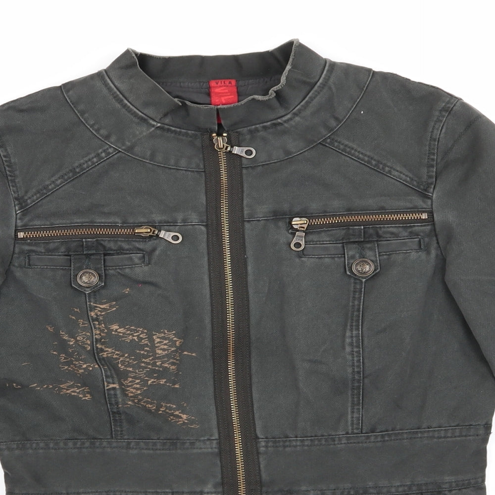 Villa Womens Green   Military Jacket Jacket Size S   - Abstract text like graphic front & back Stand up Collar