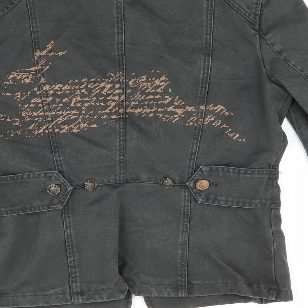 Villa Womens Green   Military Jacket Jacket Size S   - Abstract text like graphic front & back Stand up Collar