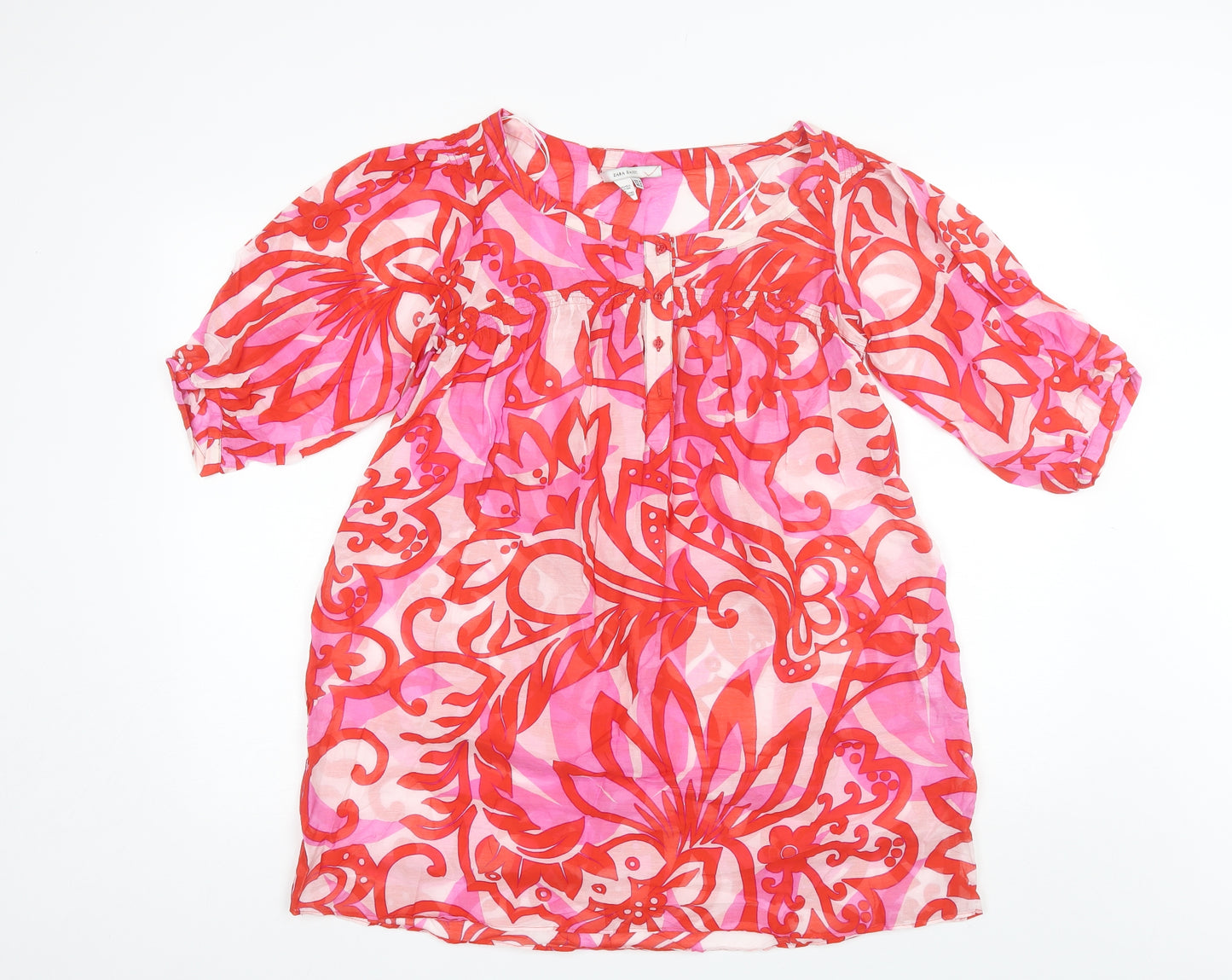 Zara Womens Pink Floral Cotton Basic Blouse Size M Roll Neck