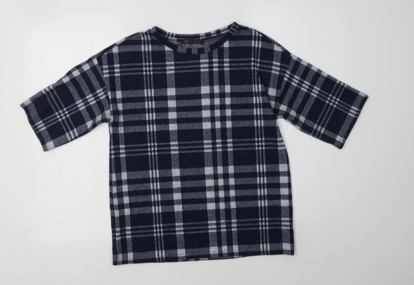 M&S Womens Blue Crew Neck Check Polyester Pullover Jumper Size 8