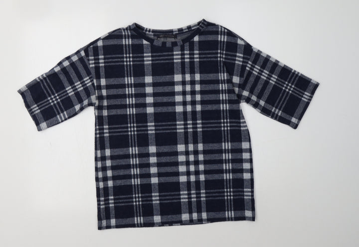M&S Womens Blue Crew Neck Check Polyester Pullover Jumper Size 8
