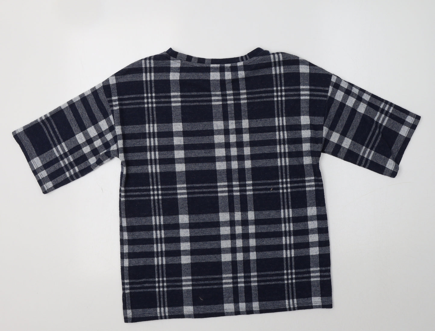 M&S Womens Blue Crew Neck Check Polyester Pullover Jumper Size 8
