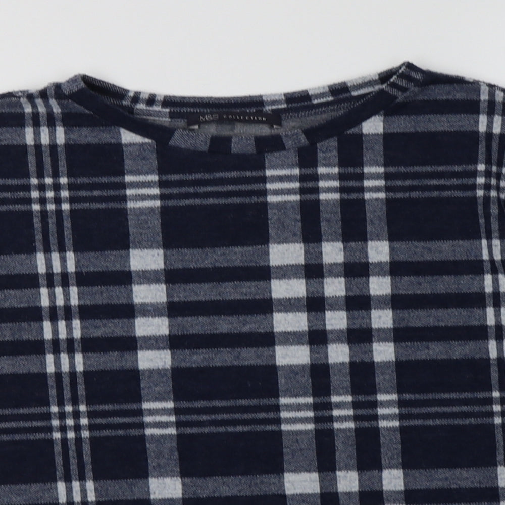 M&S Womens Blue Crew Neck Check Polyester Pullover Jumper Size 8