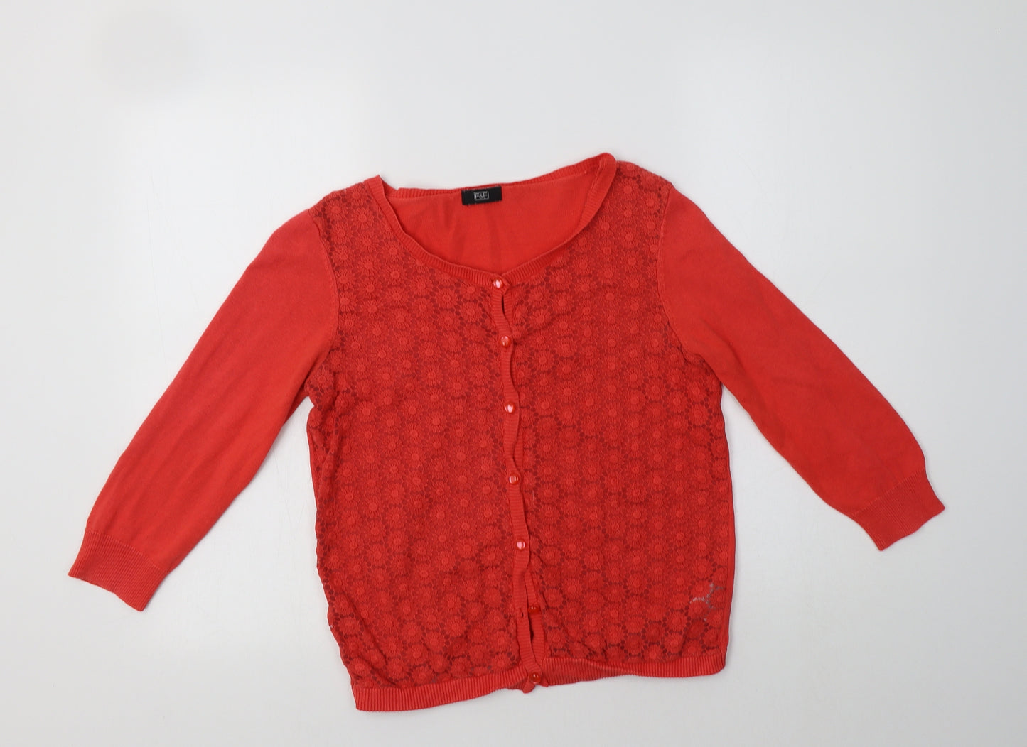 F&F Womens Red Crew Neck  Cotton Cardigan Jumper Size 8   - Lace Detail