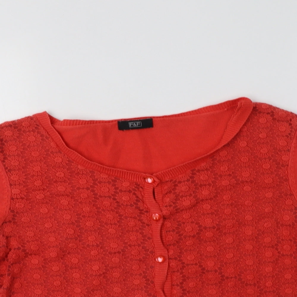 F&F Womens Red Crew Neck  Cotton Cardigan Jumper Size 8   - Lace Detail