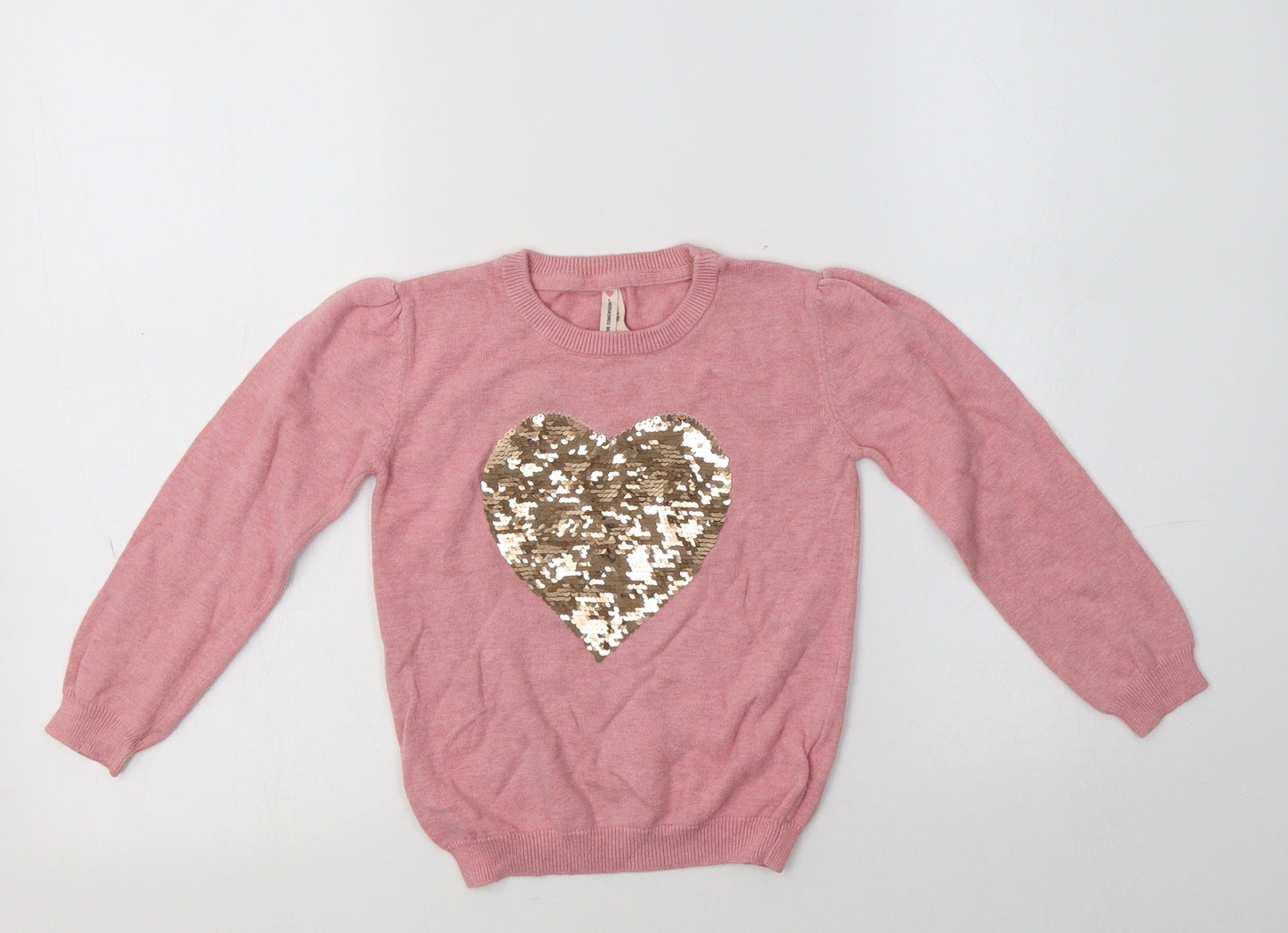 Primark Girls Pink Crew Neck  Cotton Pullover Jumper Size 6-7 Years   - Heart