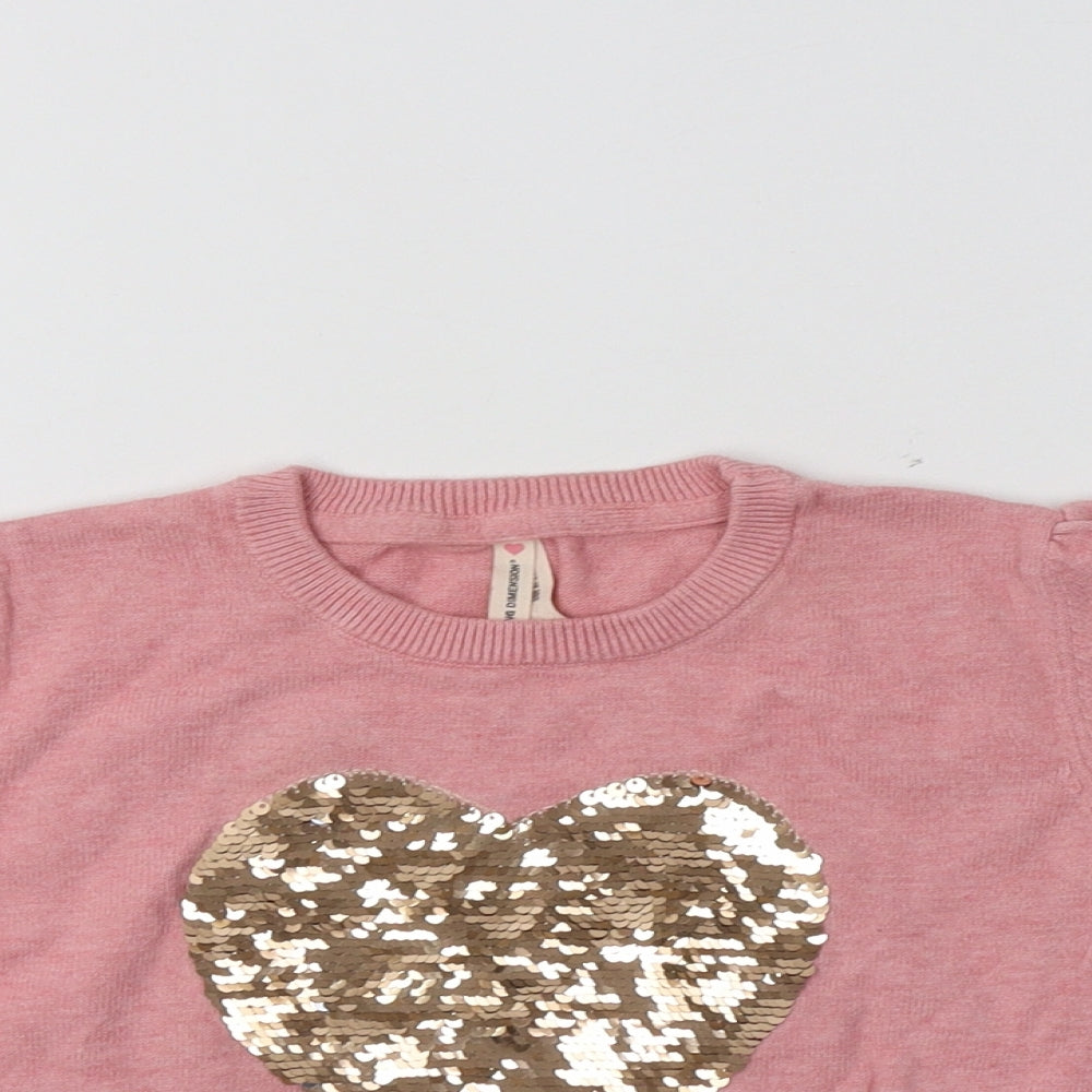 Primark Girls Pink Crew Neck  Cotton Pullover Jumper Size 6-7 Years   - Heart