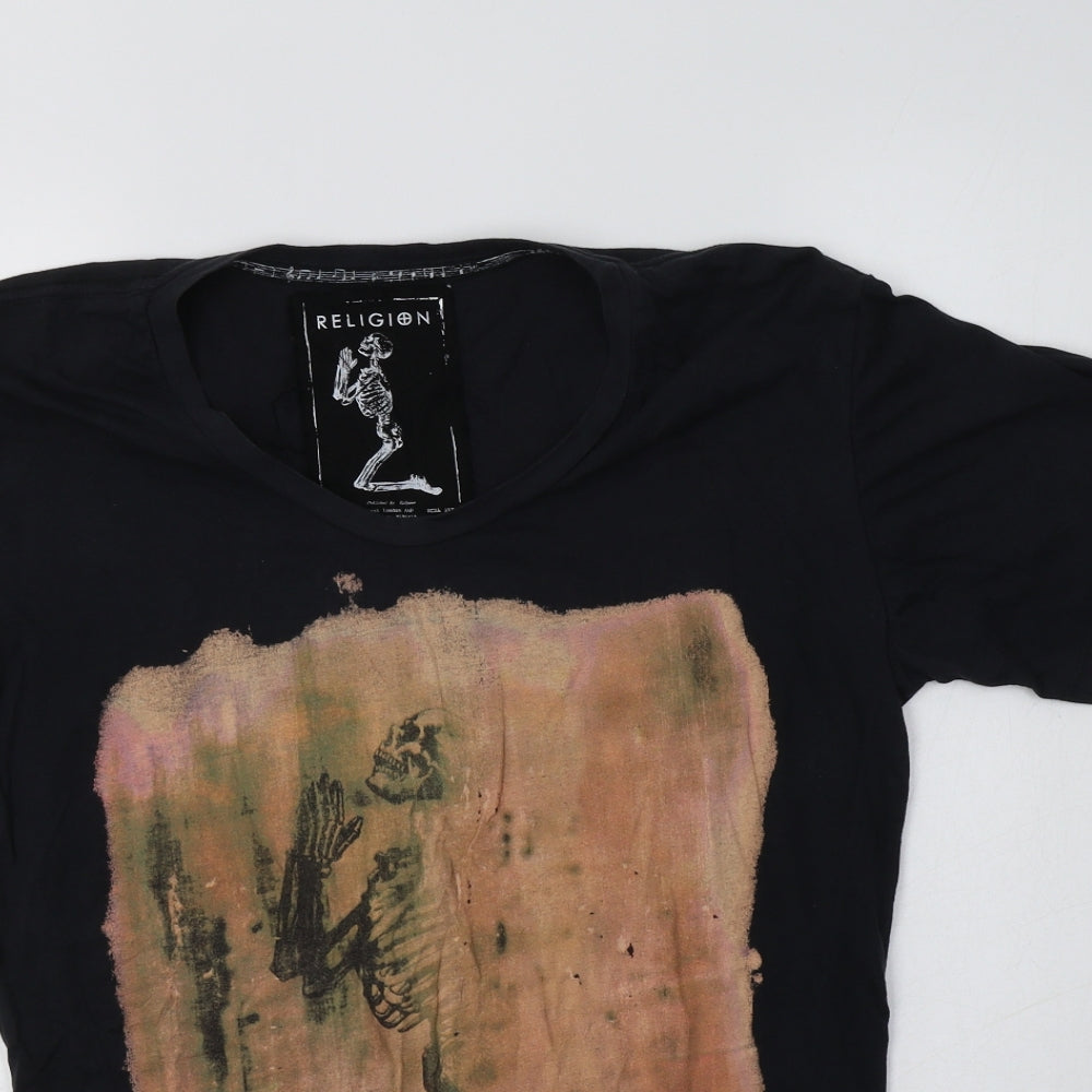 Religion Mens Black  Cotton  T-Shirt Size M V-Neck
