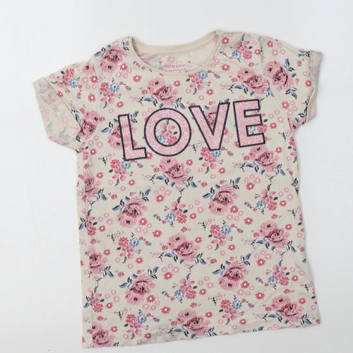 Primark Girls Ivory Floral Cotton Basic T-Shirt Size 8-9 Years Crew Neck  - Love