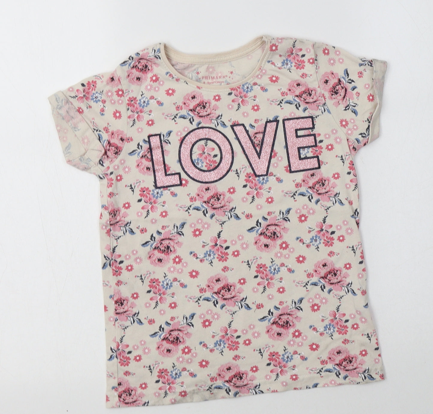 Primark Girls Ivory Floral Cotton Basic T-Shirt Size 8-9 Years Crew Neck  - Love