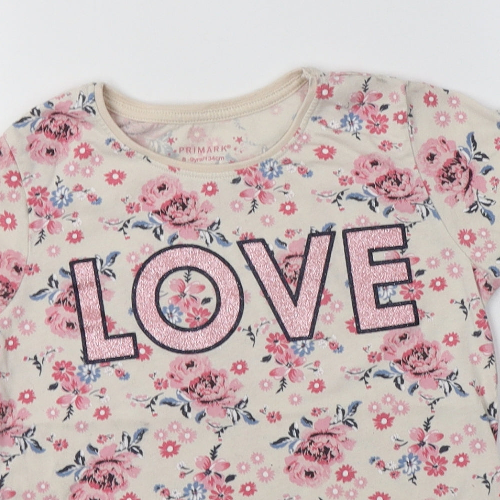 Primark Girls Ivory Floral Cotton Basic T-Shirt Size 8-9 Years Crew Neck  - Love
