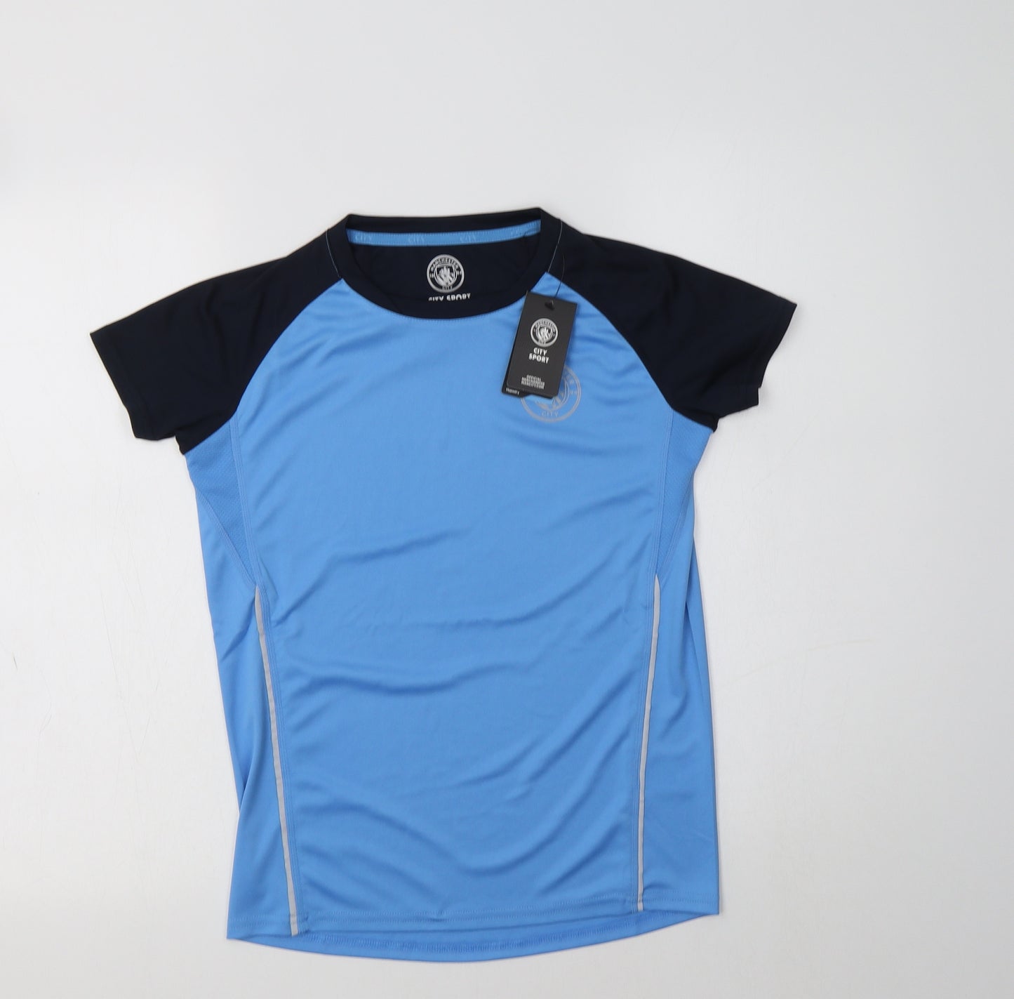 Manchester City FC Boys Blue Colourblock Polyester Jersey T-Shirt Size 10-11 Years Crew Neck