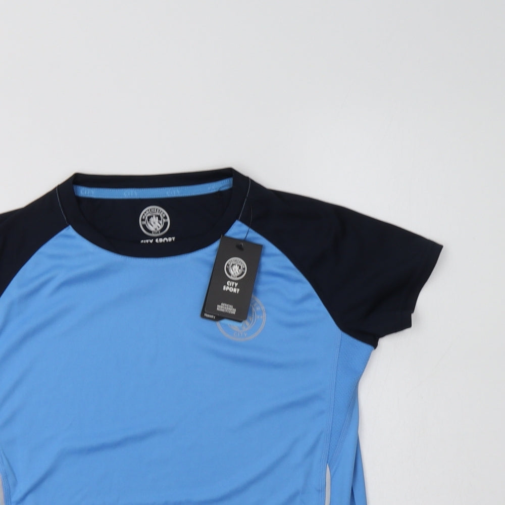 Manchester City FC Boys Blue Colourblock Polyester Jersey T-Shirt Size 10-11 Years Crew Neck