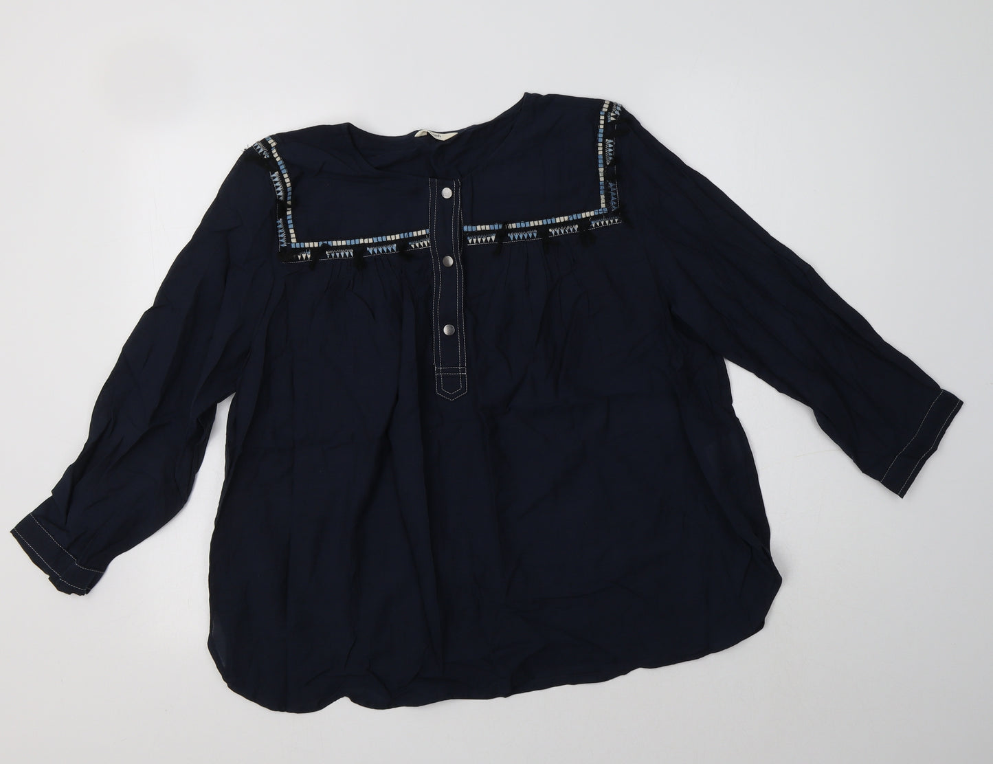 Hush Womens Blue Geometric Cotton Basic Blouse Size 12 Round Neck