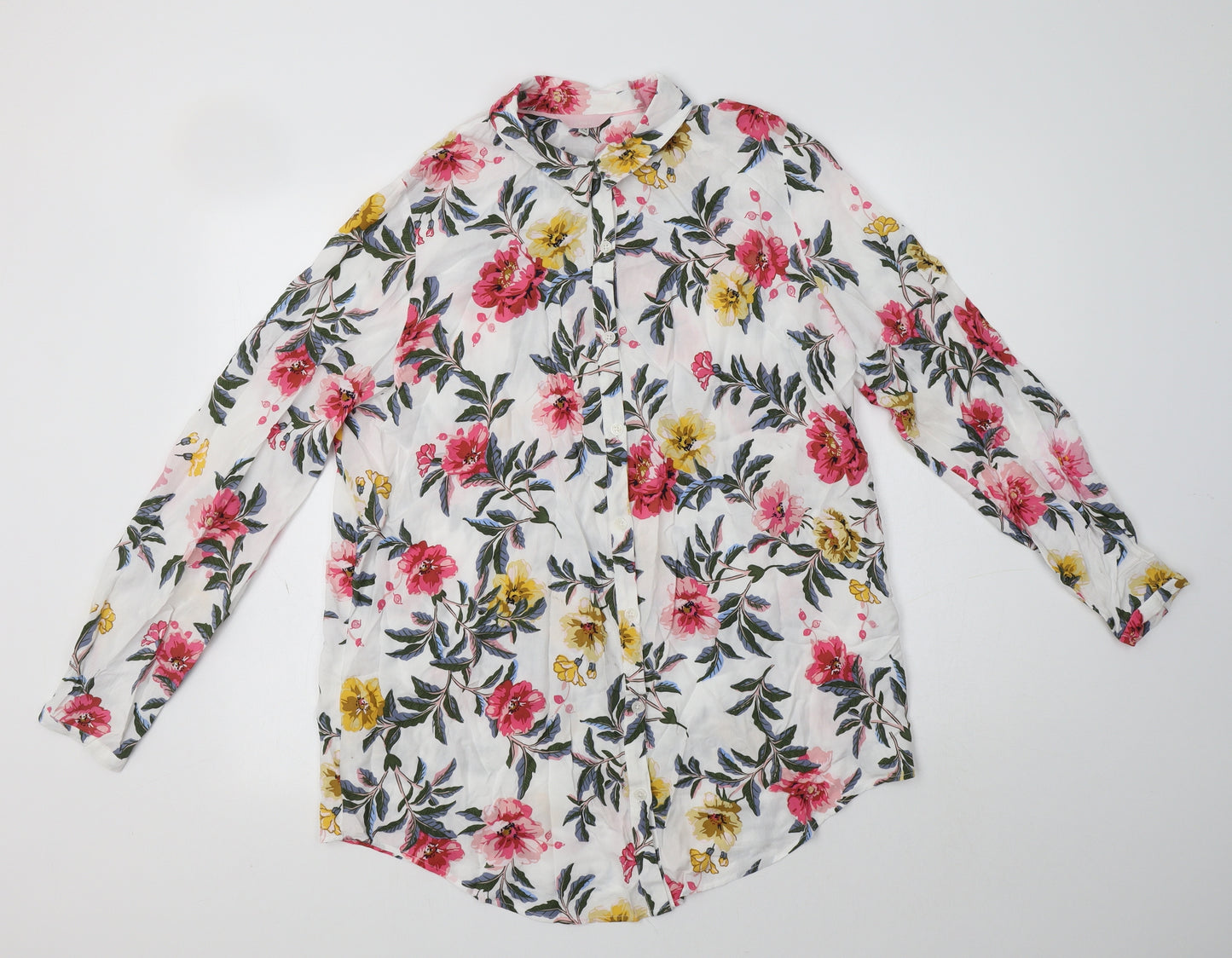 Joules Womens White Floral Viscose Basic Button-Up Size 14 Collared