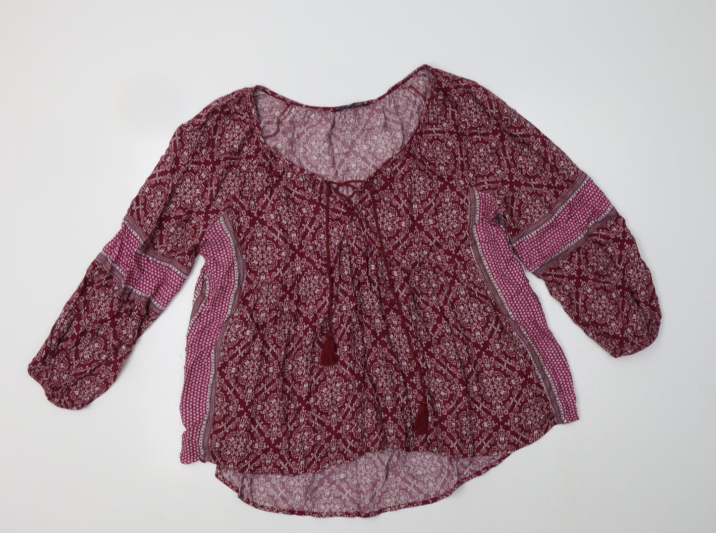 American Eagle Womens Purple Floral Viscose Basic Blouse Size L Round Neck