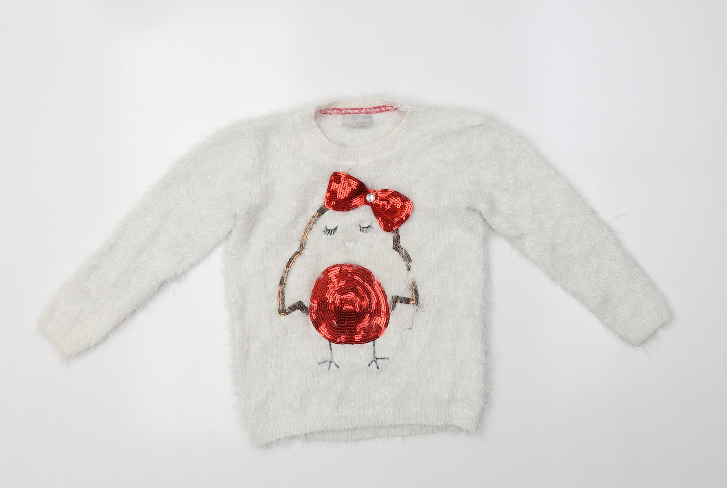 Matalan Girls White Crew Neck  Polyamide Pullover Jumper Size 6-7 Years