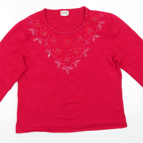 Roman Womens Red Round Neck Floral Viscose Pullover Jumper Size L   - Ribbon Flowers