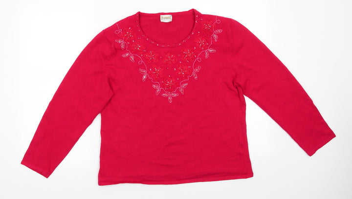 Roman Womens Red Round Neck Floral Viscose Pullover Jumper Size L   - Ribbon Flowers