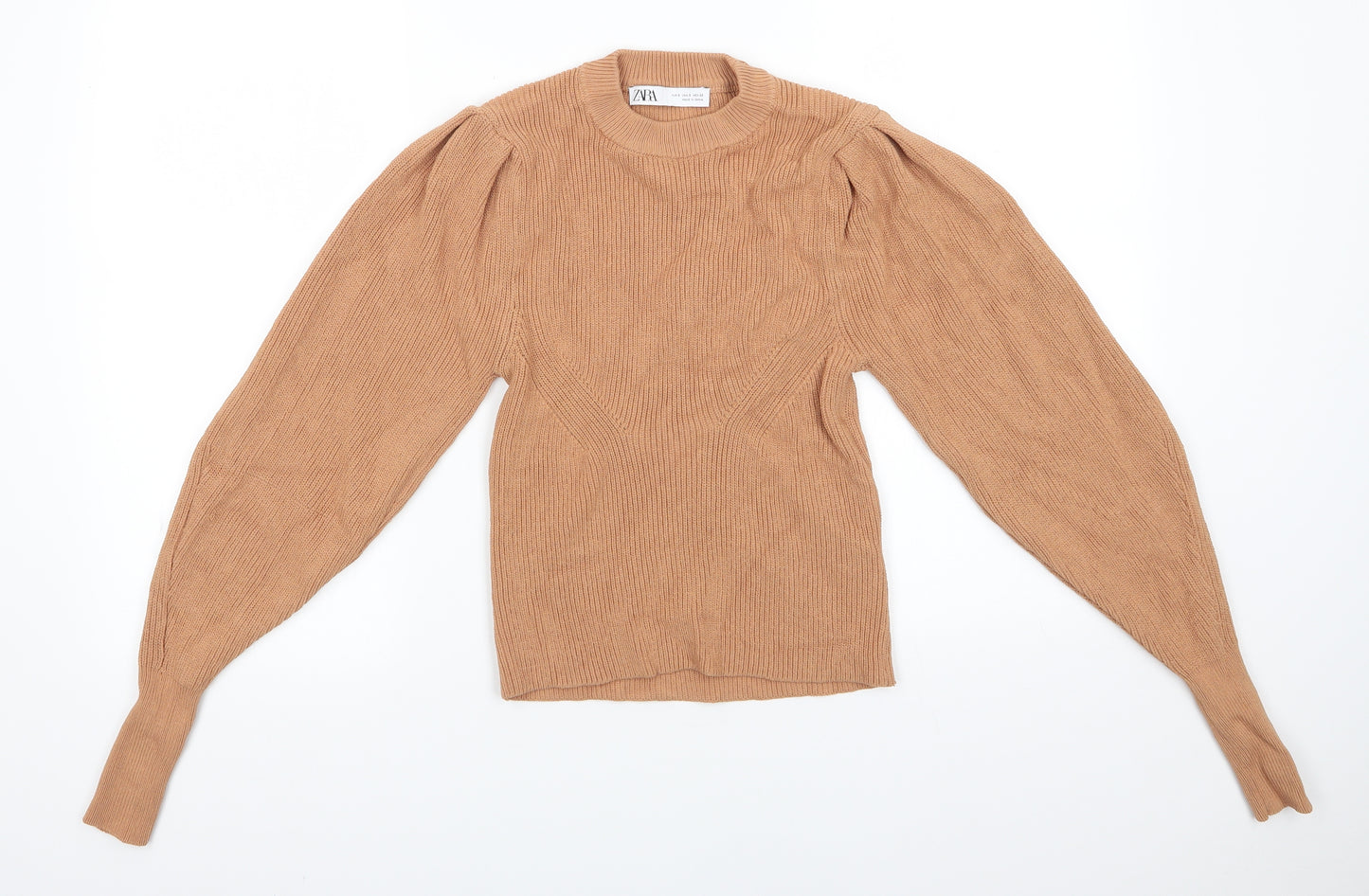 Zara Womens Brown Round Neck  Viscose Pullover Jumper Size 6   - Camel Gathered Shoulders