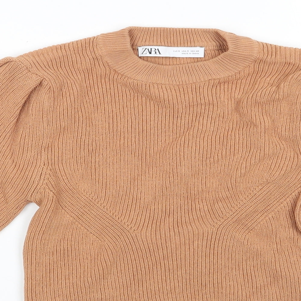 Zara Womens Brown Round Neck  Viscose Pullover Jumper Size 6   - Camel Gathered Shoulders