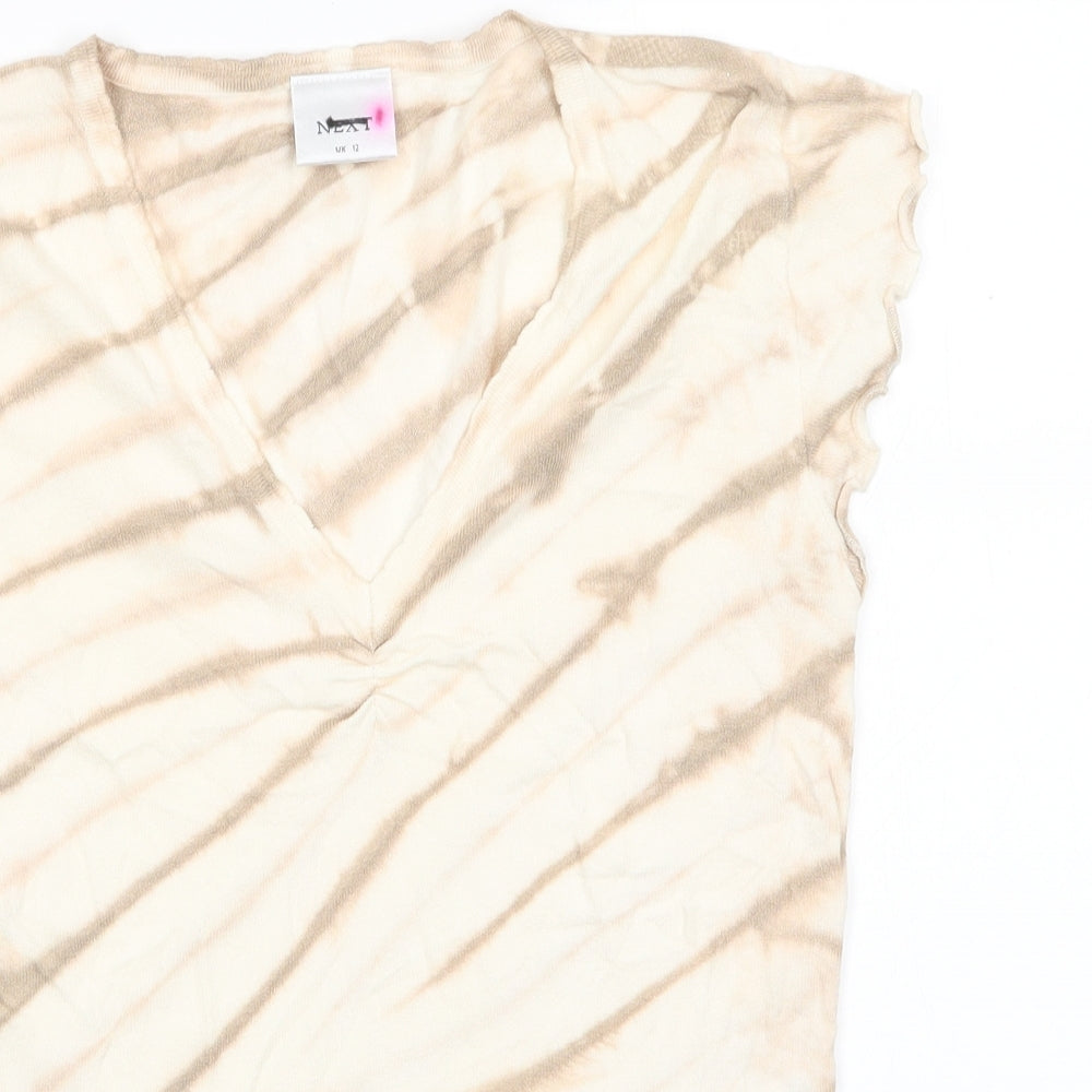 NEXT Womens Beige V-Neck Striped Viscose Pullover Jumper Size 12   - Ruched front Marble effect pattern