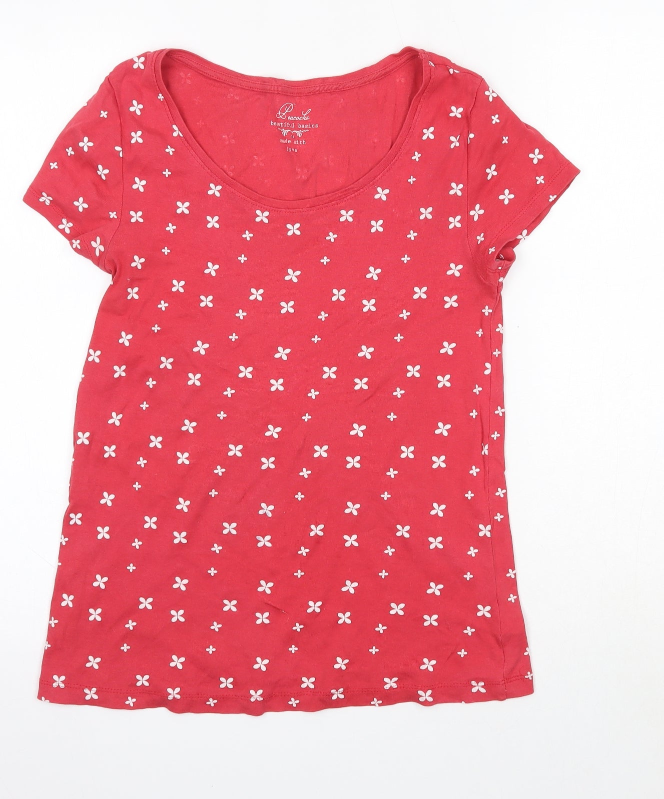 Peacocks Womens Red Floral 100% Cotton Basic T-Shirt Size 14 Round Neck
