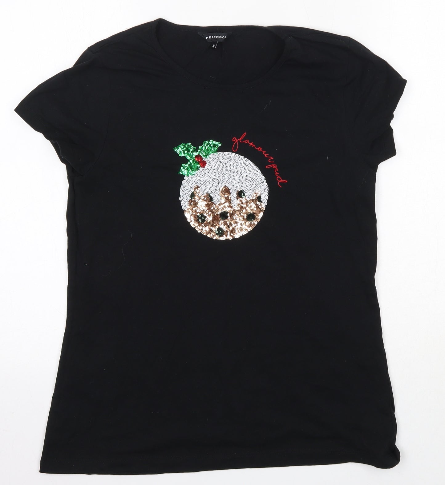 Peacocks Womens Black  100% Cotton Basic T-Shirt Size M Round Neck - Christmas