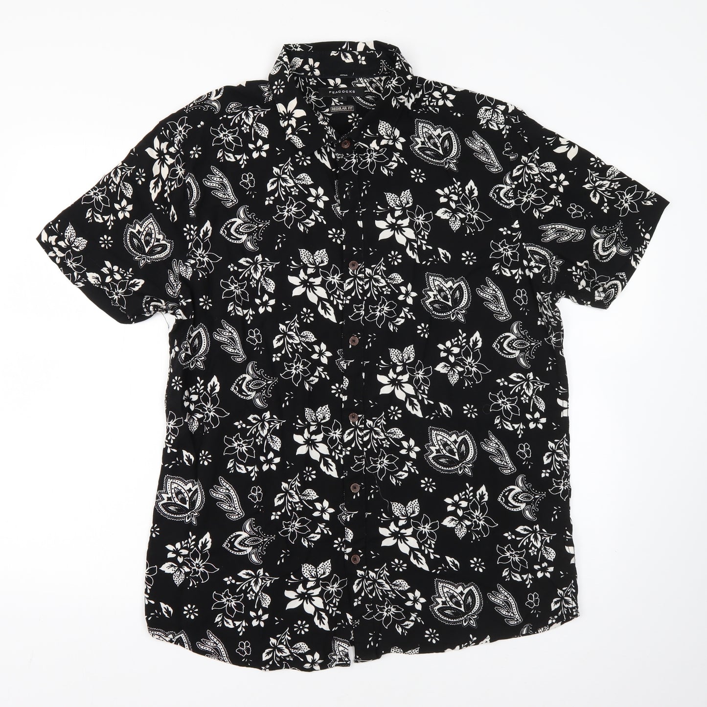 Peacocks Mens Black Floral Viscose  Button-Up Size L Collared
