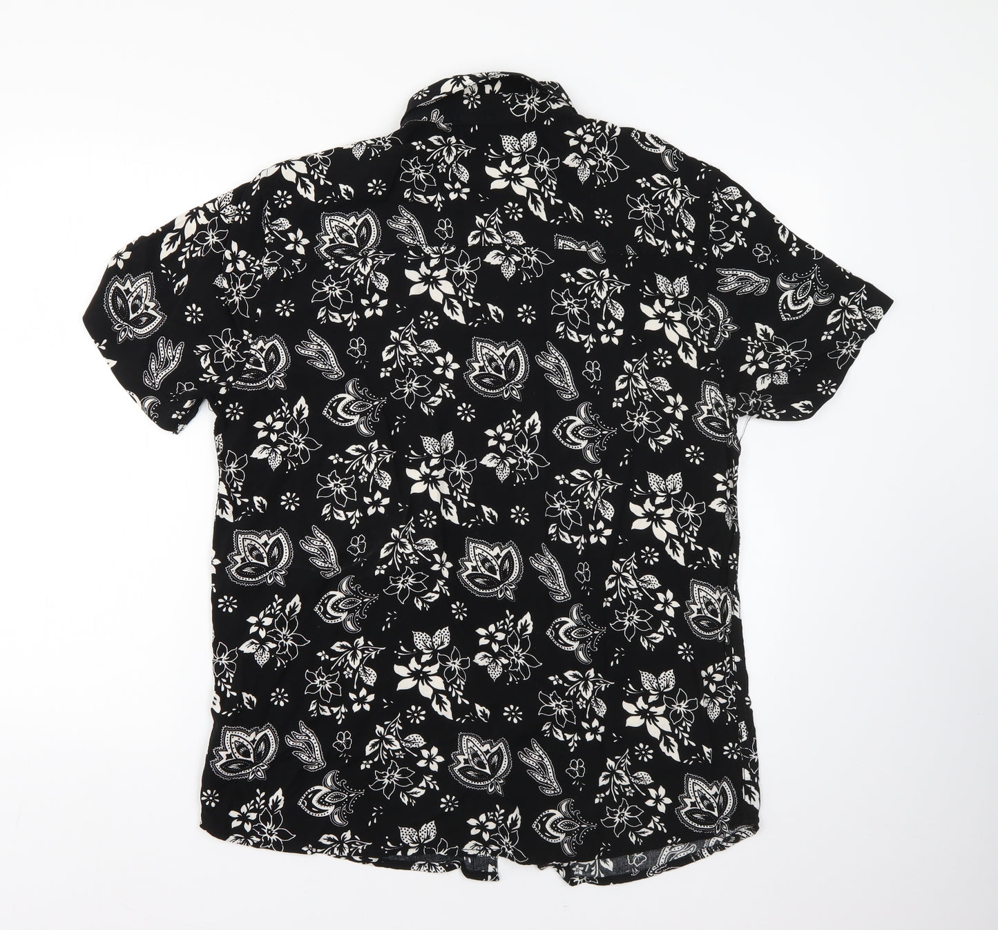 Peacocks Mens Black Floral Viscose  Button-Up Size L Collared