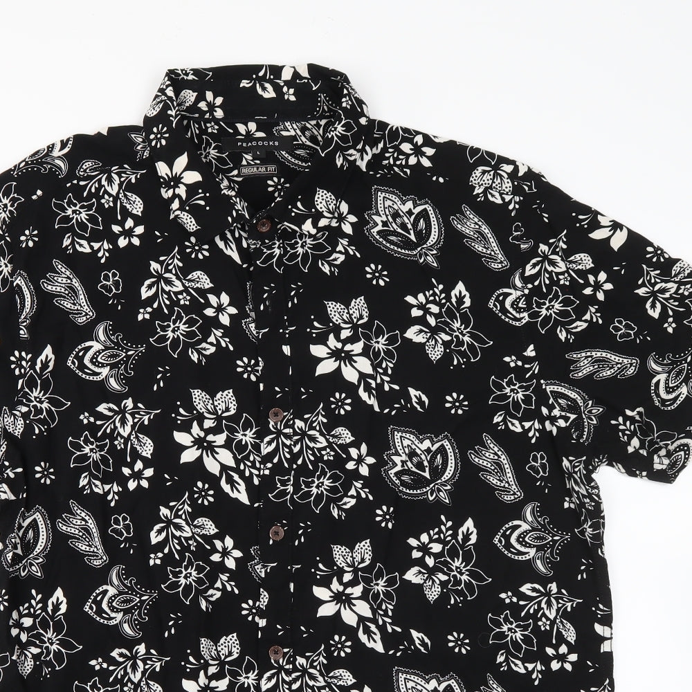 Peacocks Mens Black Floral Viscose  Button-Up Size L Collared