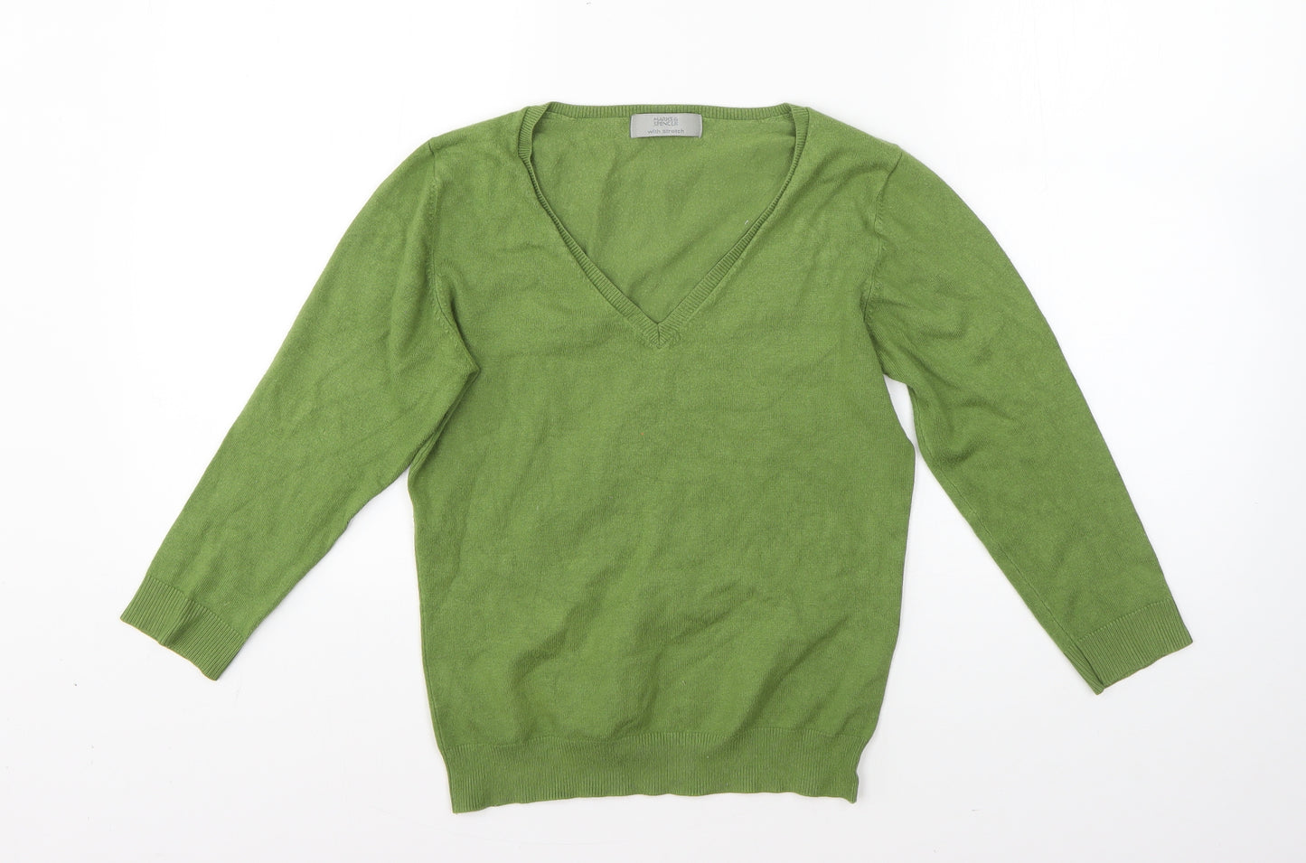 M&S Womens Green V-Neck  Viscose Pullover Jumper Size 8