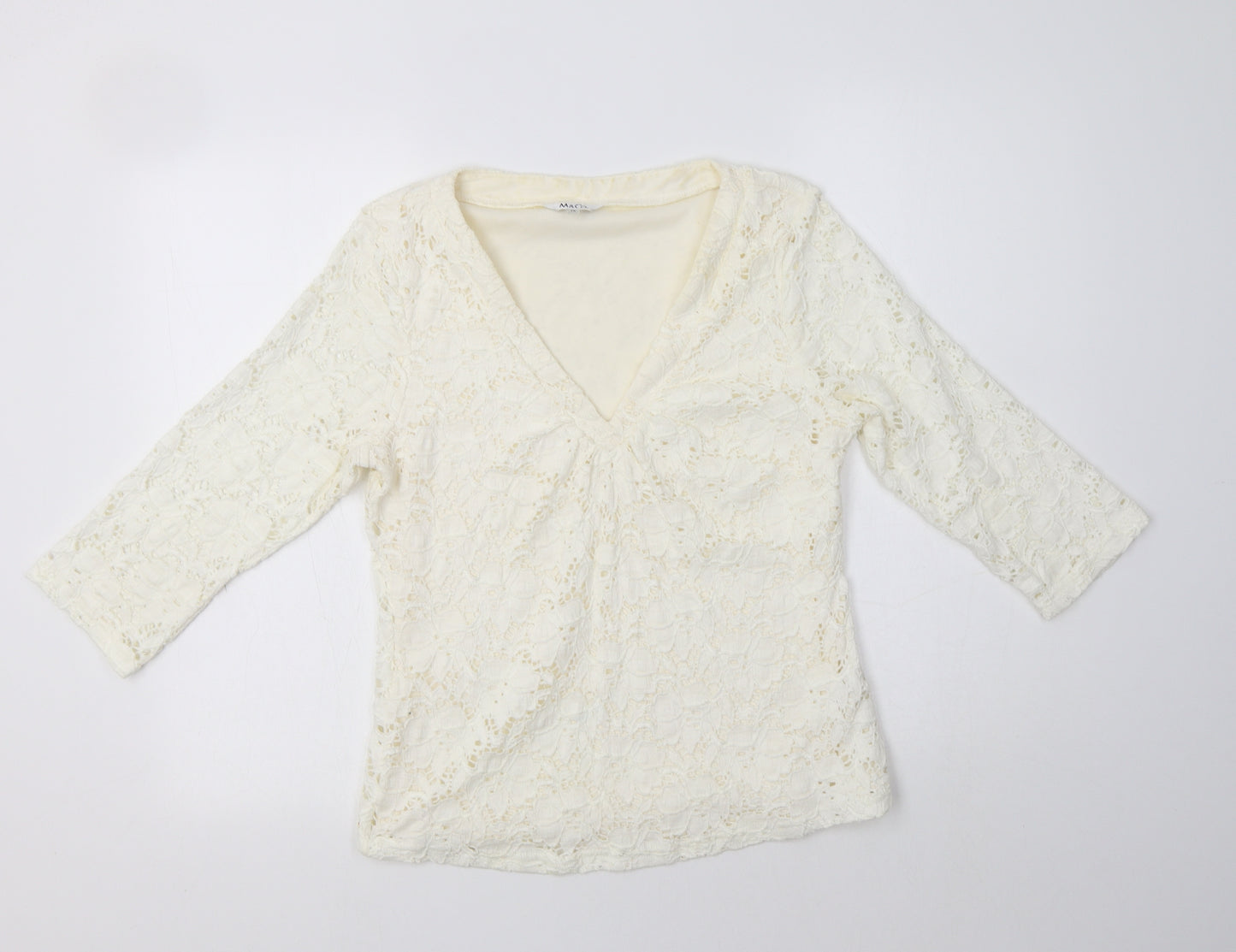 M & Co Womens Ivory Floral Cotton Basic Blouse Size 14 V-Neck - Lace Overlay