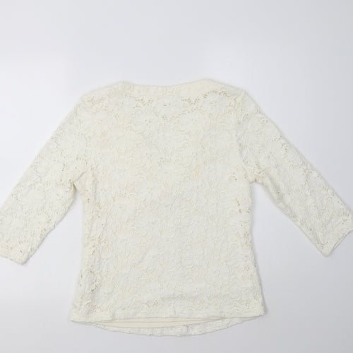 M & Co Womens Ivory Floral Cotton Basic Blouse Size 14 V-Neck - Lace Overlay