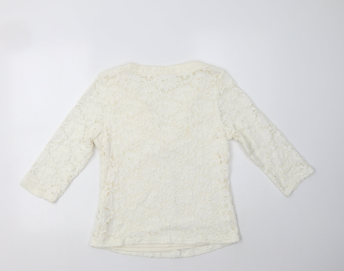 M & Co Womens Ivory Floral Cotton Basic Blouse Size 14 V-Neck - Lace Overlay