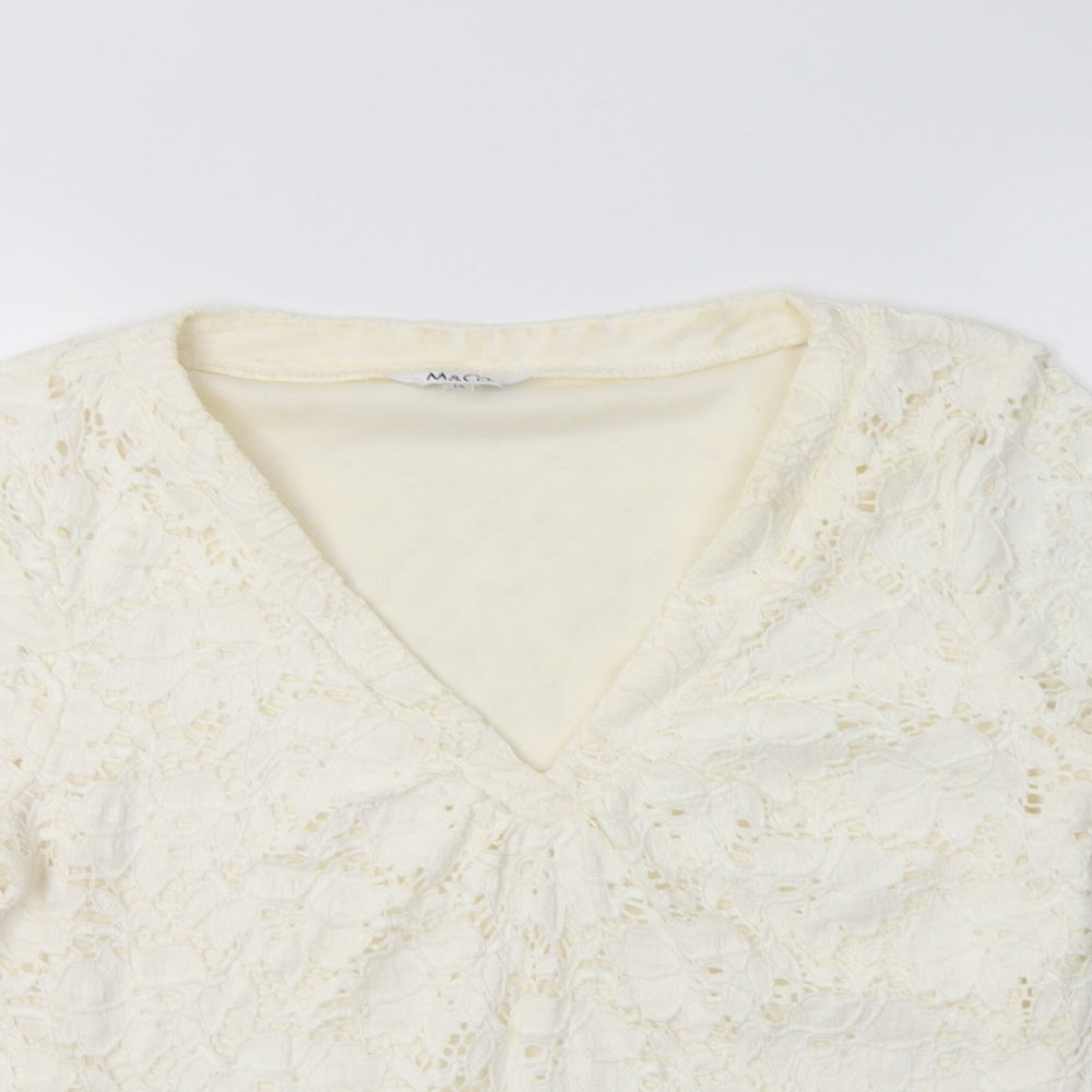 M & Co Womens Ivory Floral Cotton Basic Blouse Size 14 V-Neck - Lace Overlay