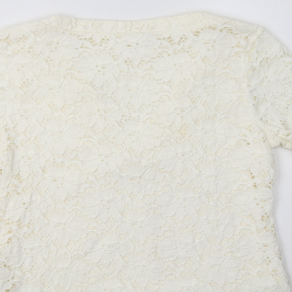 M & Co Womens Ivory Floral Cotton Basic Blouse Size 14 V-Neck - Lace Overlay