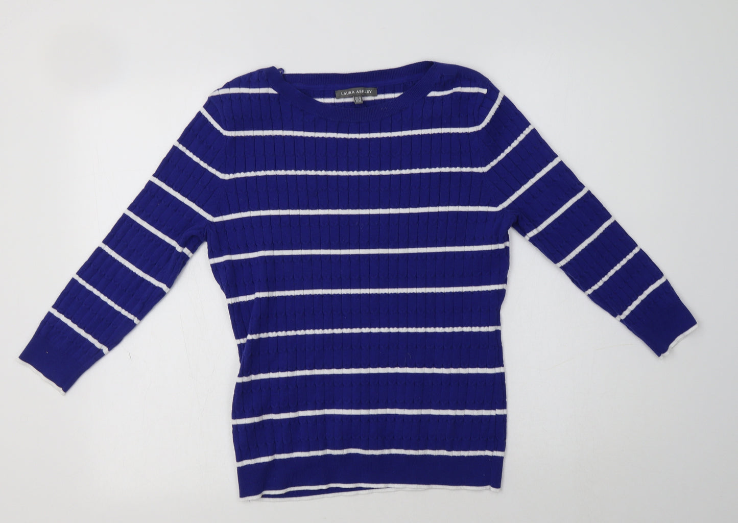 Laura Ashley Womens Blue Crew Neck Striped Cotton Pullover Jumper Size 10