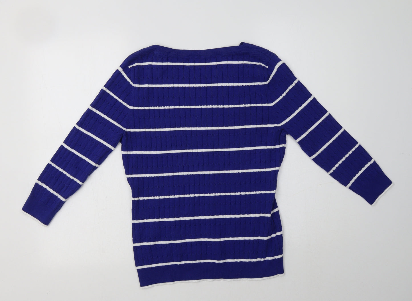 Laura Ashley Womens Blue Crew Neck Striped Cotton Pullover Jumper Size 10