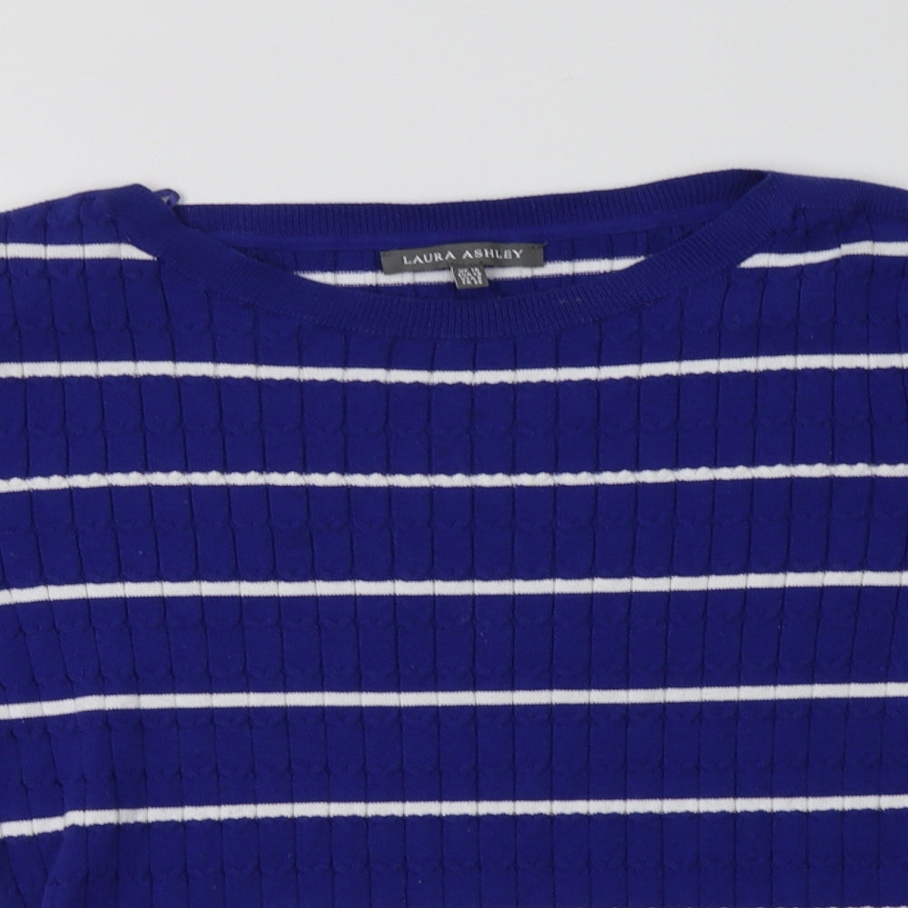 Laura Ashley Womens Blue Crew Neck Striped Cotton Pullover Jumper Size 10