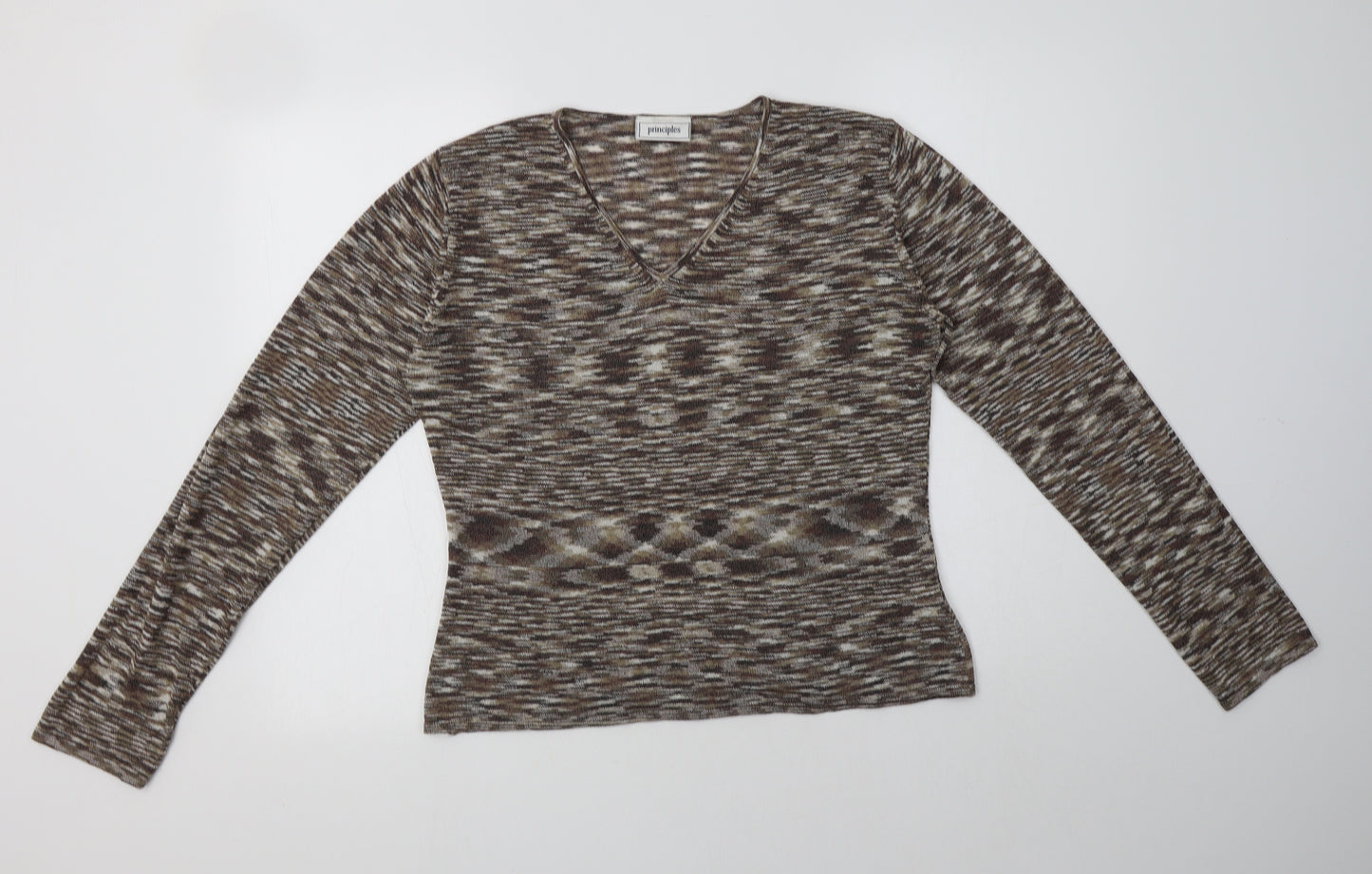 Principles Womens Brown V-Neck Striped Acrylic Pullover Jumper Size 16